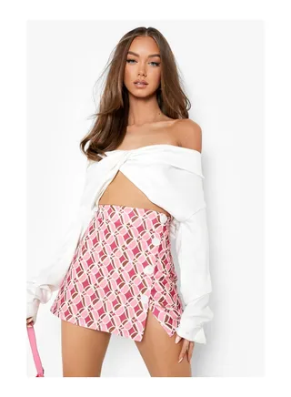 Retro Print Button Front Mini Skirt 