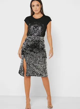 Side Slit Sequin Midi Skirt 