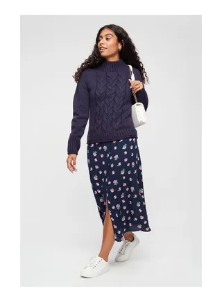 Petite Navy Mini Rose Print Maxi Skirt 