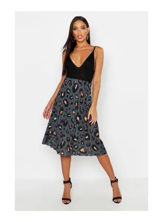 Pleated Leopard Print Midi Skirt 