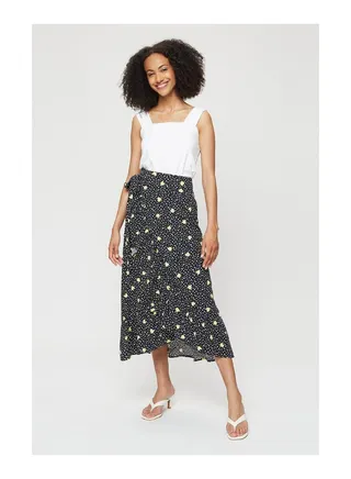 Tall Yellow Heart Print Wrap Midi Skirt 