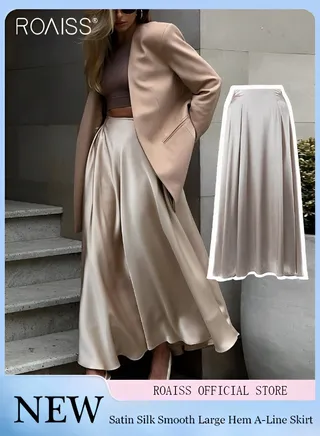 Women's Satin High Waist Skirt Loose Draped Large Hem A-Line Skirt 