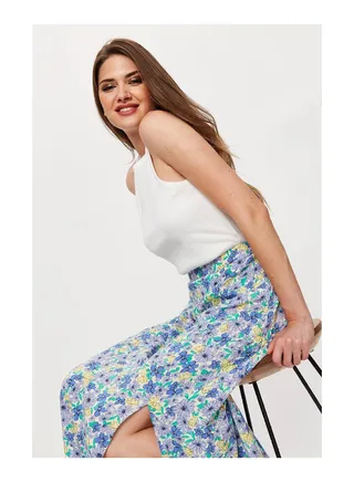 Blue Ditsy Pull On Split Front Midi Skirt 