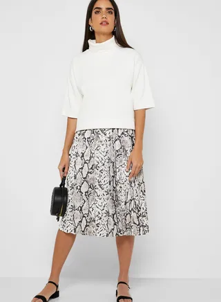 Snake Print Pleated Midi Skirt 