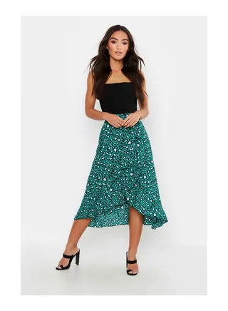 Petite Tie Front Animal Ruffle Midaxi Skirt 