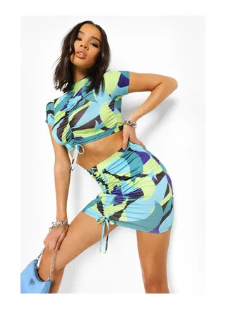 Abstract Print Ruched Crop & Skirt 