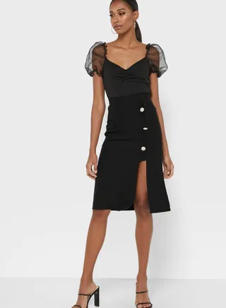 Buttoned Detail Asymmetrical Hem Skirt 