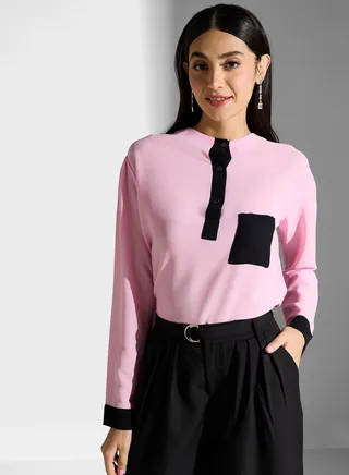 Crew Neck Pocket Detail Top 