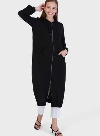 Hoodie Neck Longline Coat 