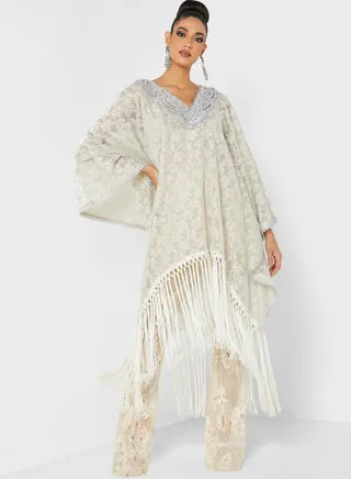Embellished Loose Fringe Hem Detail Kaftan White 