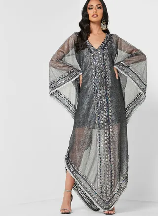 Embellished Flared Hem Style Kaftan White 