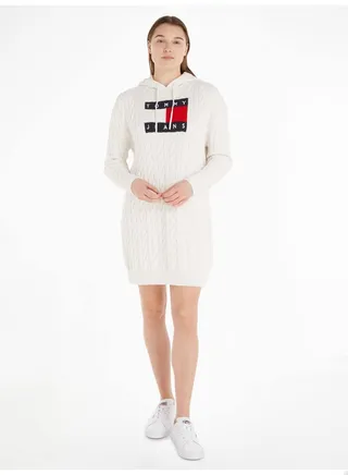 Women's Cable Knit Hoody Dress, White 