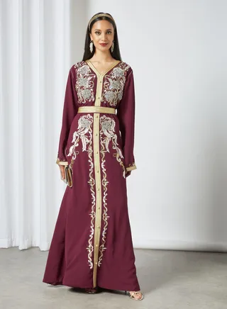 V-Neck Floral Embroidered Moroccan Long Sleeve Maxi Kaftan Maroon 