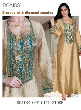 Women Luxury Gold Embroidered Robe Maxi Dresses Stylish Abaya Square Collar Dress Middle East Arabic Banquet Wedding Party Dress Women's Festival Clothing Gold 