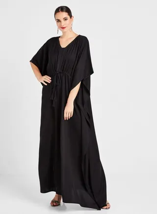 Tie Waist Relaxed Fit V-Neck Maxi Kaftan Black 