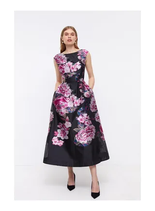 Premium Metallic Floral Jacquard Midi Dress 