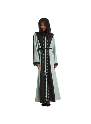 Round Neck Lace Embroidery Muslim Long Kaftan Green 