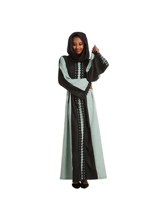 Round Neck Lace Embroidery Muslim Long Kaftan Green 