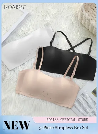 3 Pcs Women's Seamless Bra Strapless Design Dress Bra 2-Piece Combination Anti Slip Removable Shoulder Strap Daily Bra 