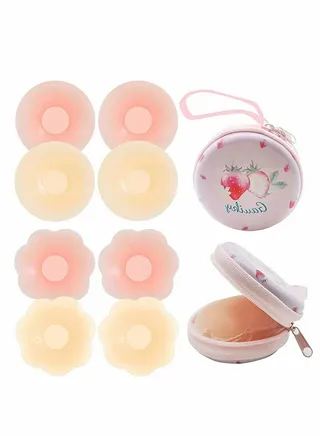 Silicone Nipple Covers, 4 Pairs Women's Reusable Adhesive Invisible Pasties Nippleless Covers, Invisible Adhesive Bras for Women & Girls Pink and Skin color (Round&Flower) 