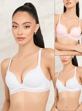Pack of 2 -Cotton Padded Non Wired Burnout Elastic Trim Ribbed Plunge Bra