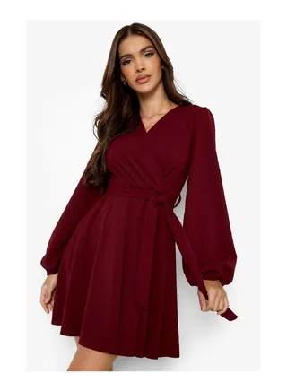 Balloon Sleeve Wrap Skater Dress 