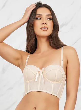 Padded Wired Satin Bow Mesh Corset Bra with Bonning