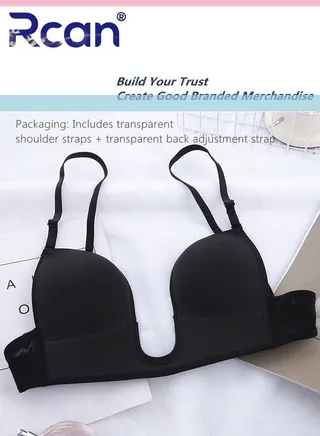 Women's Smooth Deep U Shape Low Cut Bra Push Up Seamless Low Cut Backless Invisible Bra One Piece Soft Underwire Underwear Adjustable Multifunctional Lightweight Bra 