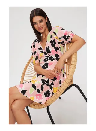 Large Scale Pink Floral Wrap Mini Dress 