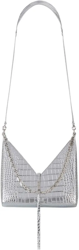 Small Cut-Out Croc Embossed Metallic Leather Shoulder Bag