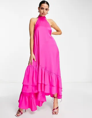 Topshop ruffle halter midaxi dress in fuchsia