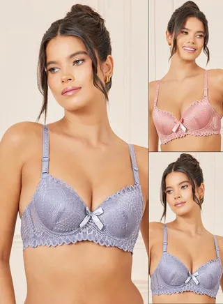 Pack of 2 - Padded Wired All Over Lace Scalloped Trim T-Shirt Bras 