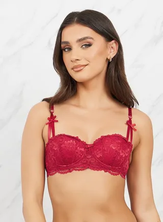 Padded Wired All Over Lace Scallop Edge Balconette Bra with Satin Bow Detail 