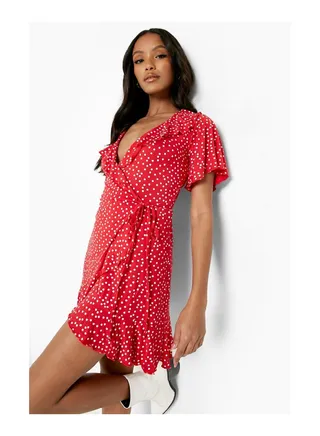 Petite Polka Dot Ruffle Wrap Tea Dress 