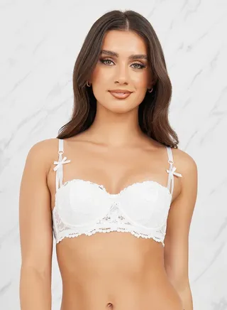 Padded Wired All Over Lace Scallop Edge Balconette Bra with Satin Bow Detail