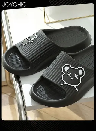 Lovely Cartoon Bear Pattern Spring and Summer Non-slip  Wear Resistant Home Bathroom Quick-drying and Breathable  Slippers with High Resilience for Women Men Couple Black 