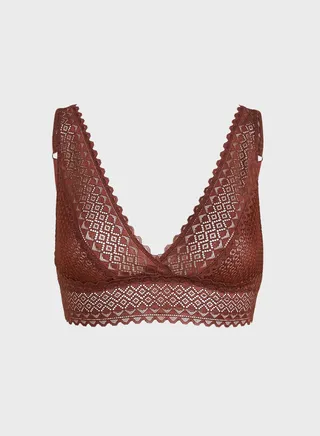Lace Detail Plunge Bra Brown 