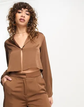 4th & Reckless clasp detail satin shirt in brown - part of a set