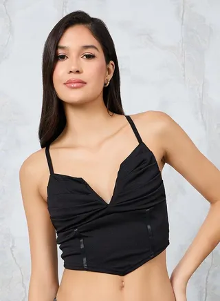 Non Padded Non Wired Pleated Cups Longline Deep V Plunge Bra 