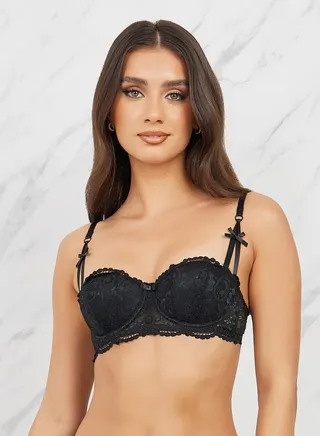 Padded Wired All Over Lace Scallop Edge Balconette Bra with Satin Bow Detail 