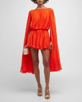 Pleated Silk Chiffon Cape-Sleeve Mini Dress