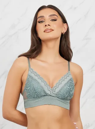 Padded Non Wired Ditsy Floral Lace Bralette with Wide Elastic Trim 