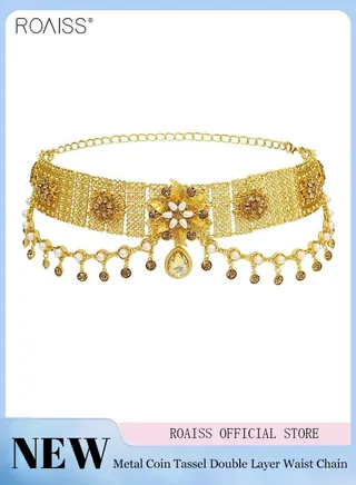 Women's Fashion Gold Waist Chain Ethnic Style Waist Chain Pearl Tassel Flower Bohemian Wide Waist Chain 