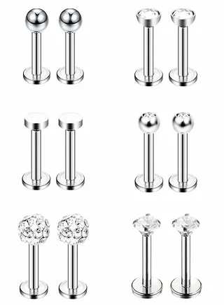 6 Pairs Stainless Steel Nose Studs Tragus Bars Labret Crystal Ball Body Piercing Jewelry, Lips Assorted Design Designs, 16 Gauge 