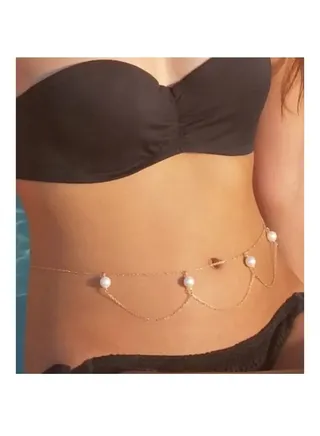 4 Natural Pearls 18k Gold Plated Chain for Woman Body Hips 