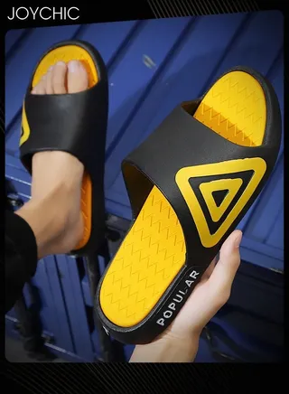 Korean Style Wave Design Women Men Sport Slippers Trendy Spring and Summer Anti-slip Breathable Quick-drying Soft Beach Flip-flops for Home Indoor and Outdoor Black+Yellow 