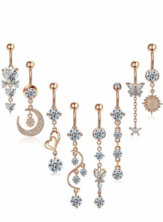 Belly Button Rings, 8 Pcs 14G Stainless Steel Long Dangle Navel Ring CZ Body Piercing Jewelry for Women(Gold) 