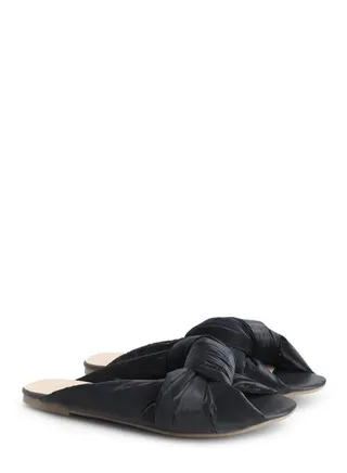 Women's Leather Flat Slippers Open Toe Black 