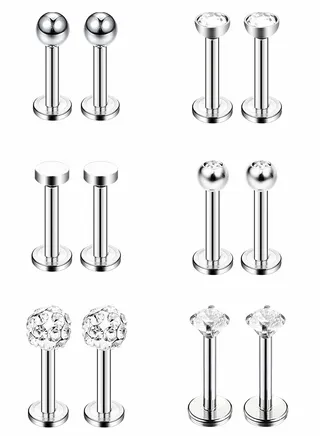6 Pairs Stainless Steel Nose Studs Tragus Bars Labret Crystal Ball Body Piercing Jewelry, Lips Assorted Design Designs, 16 Gauge 