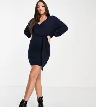 ASOS DESIGN Tall knitted mini dress with tie waist in navy